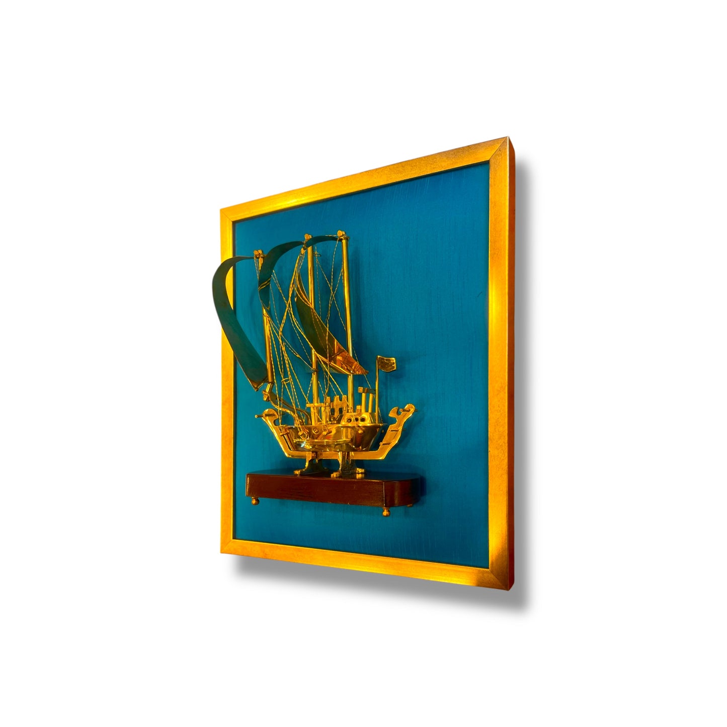 Brass Ship with Blue Silk in Gold Frame