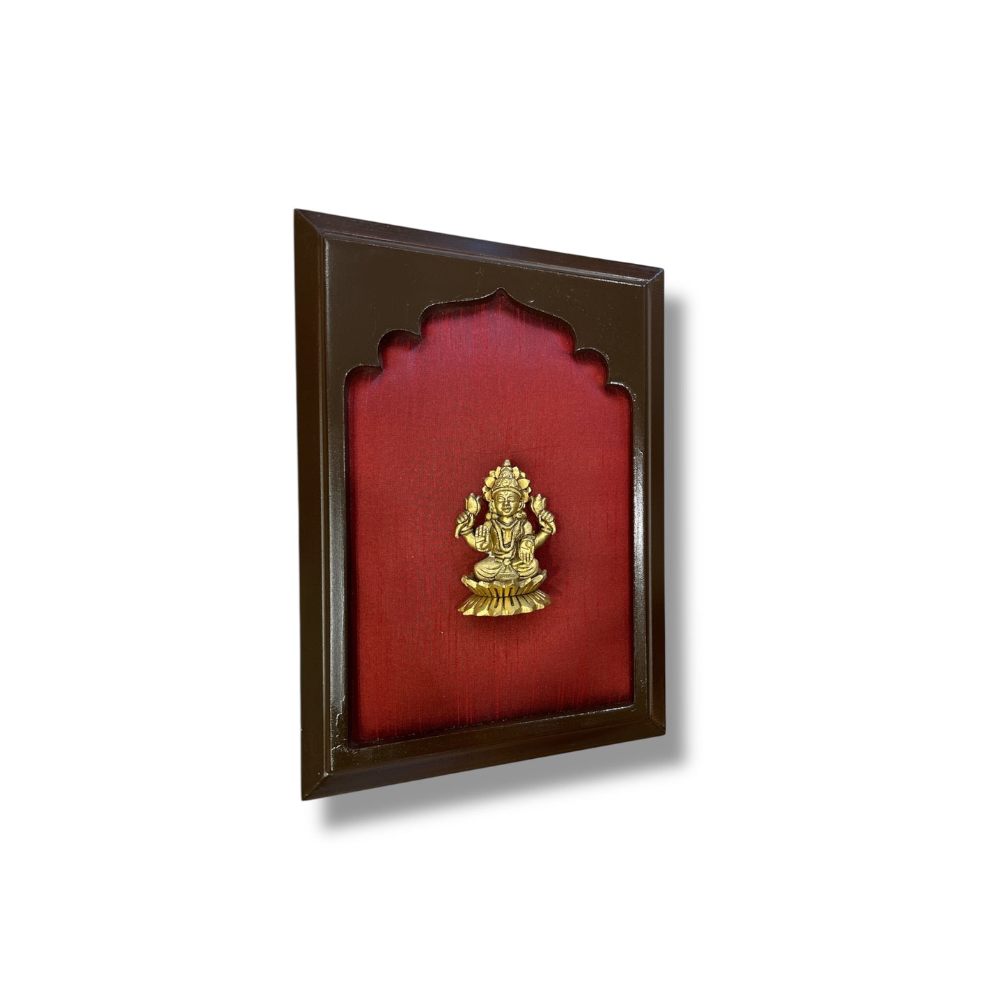 Brass Lakshmi Miniature Sculpture on Red Silk in Wooden Frame