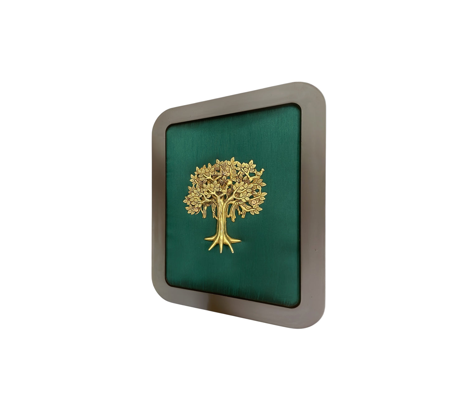 Brass tree of life with Green Silk in wooden frame