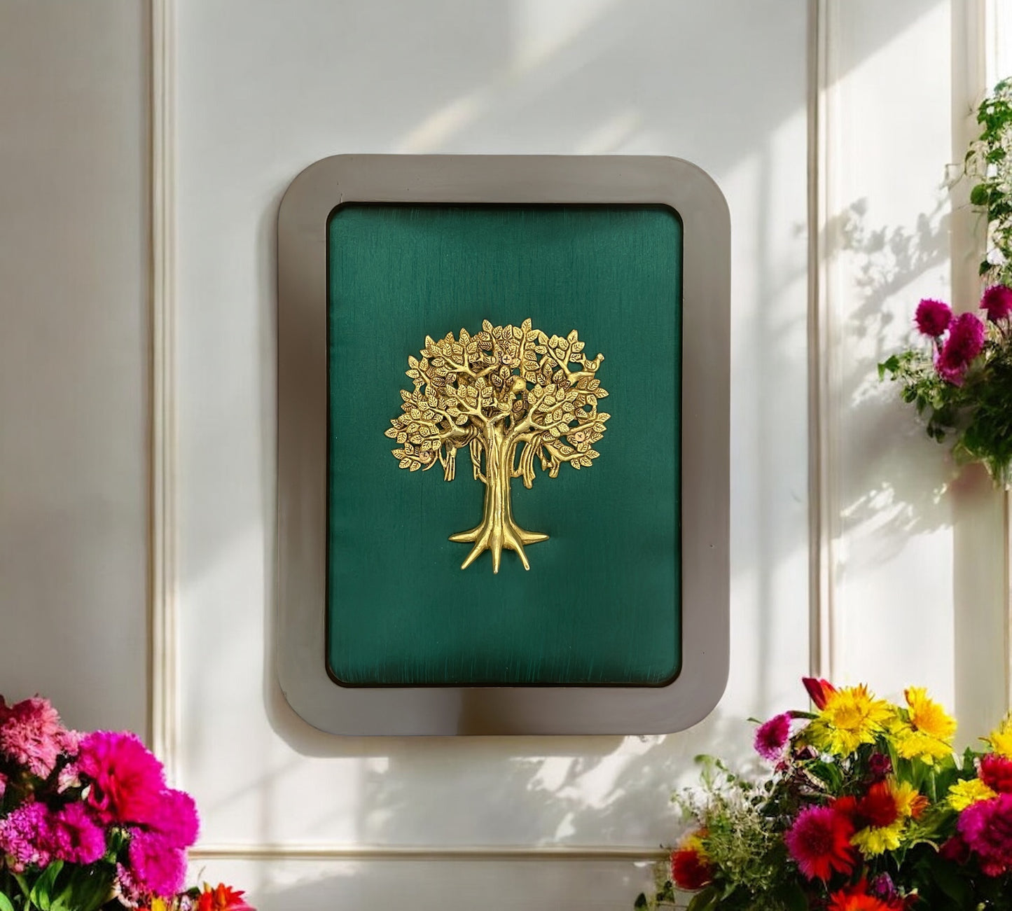 Brass tree of life with Green Silk in wooden frame