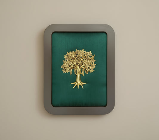 Brass Kalpavriksha with Green Silk in wooden frame