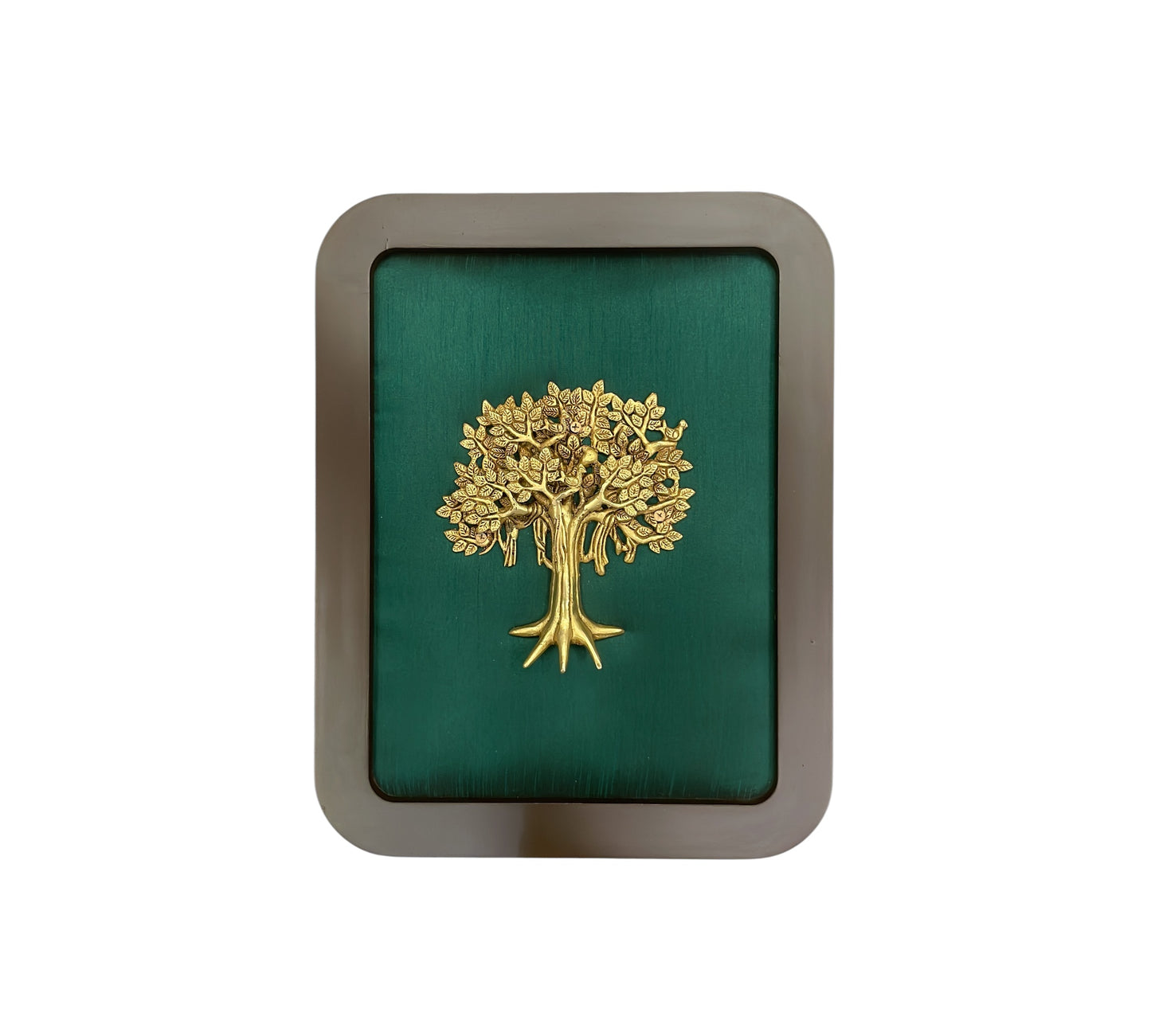 Brass tree of life with Green Silk in wooden frame