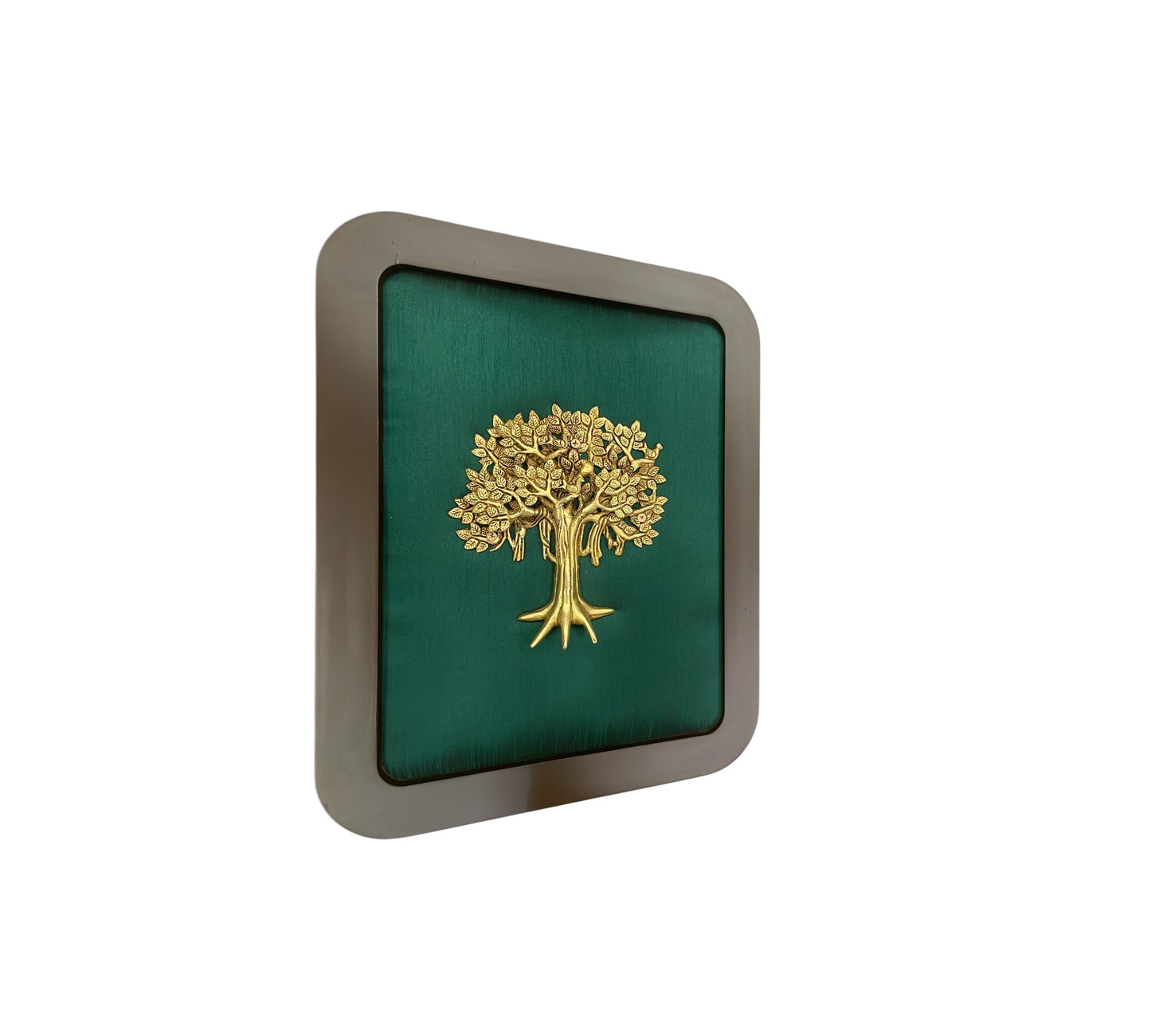 Brass tree of life with Green Silk in wooden frame
