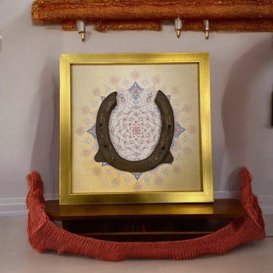 Good Luck Antique Horse shoe with Mandala Backdrop in Gold Frame