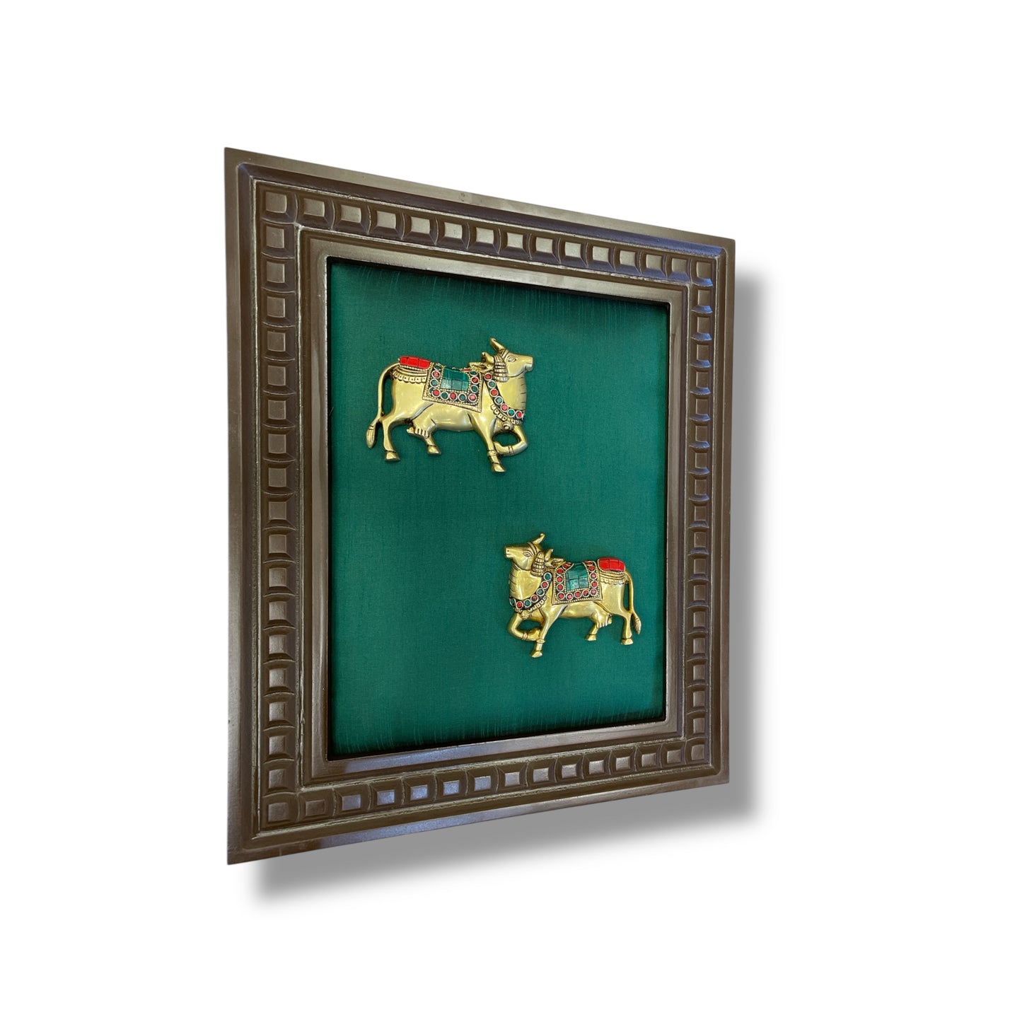 Brass Kamadhenu with stonework & Green Silk in Wooden frame