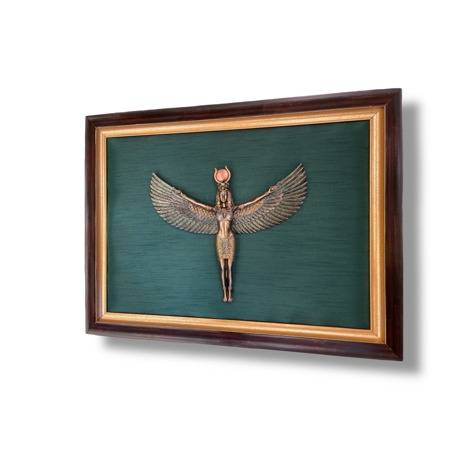 Egyptian Goddess Isis on Dark Green Silk with Moulded Frame