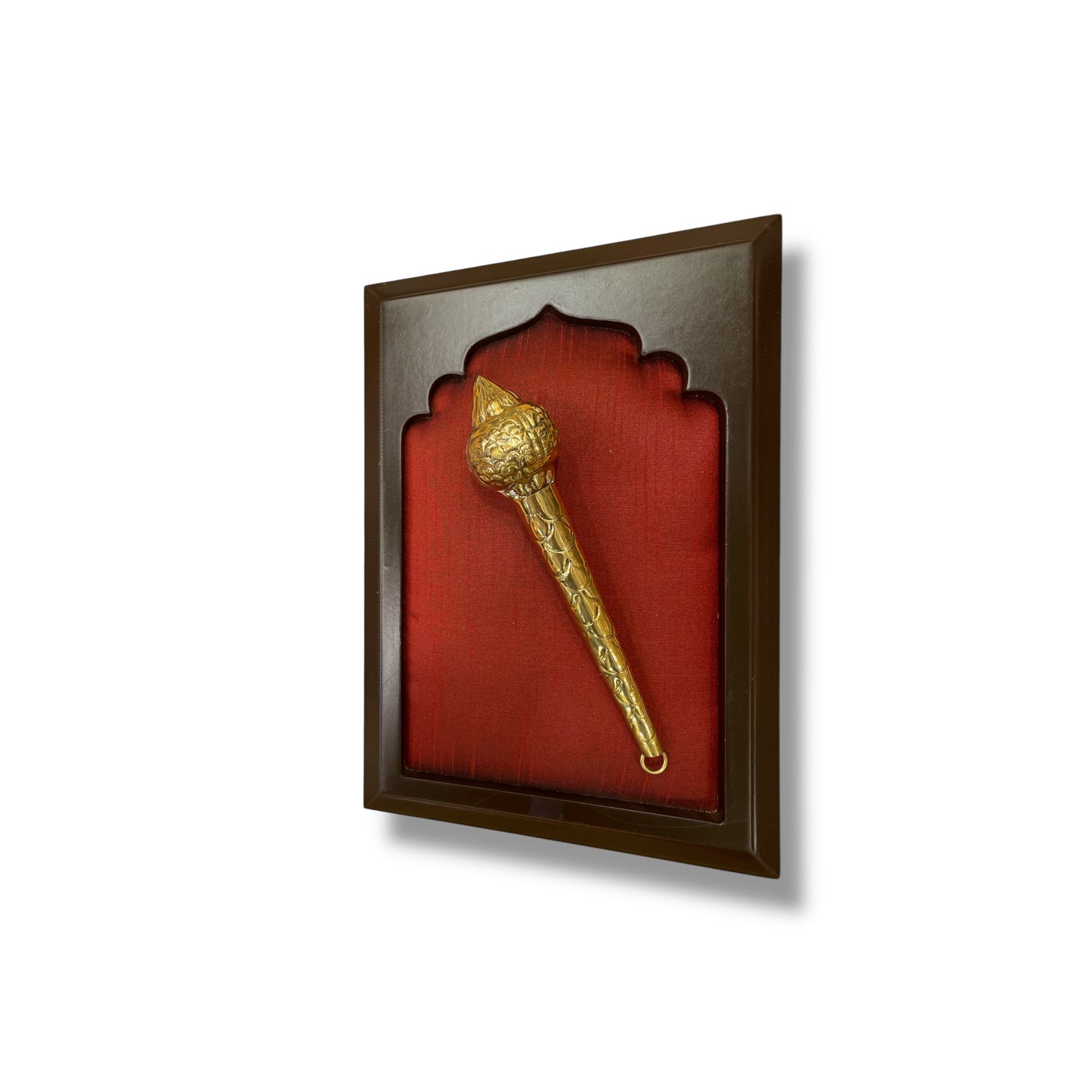 Brass Gadha on Red Silk in Wooden Frame