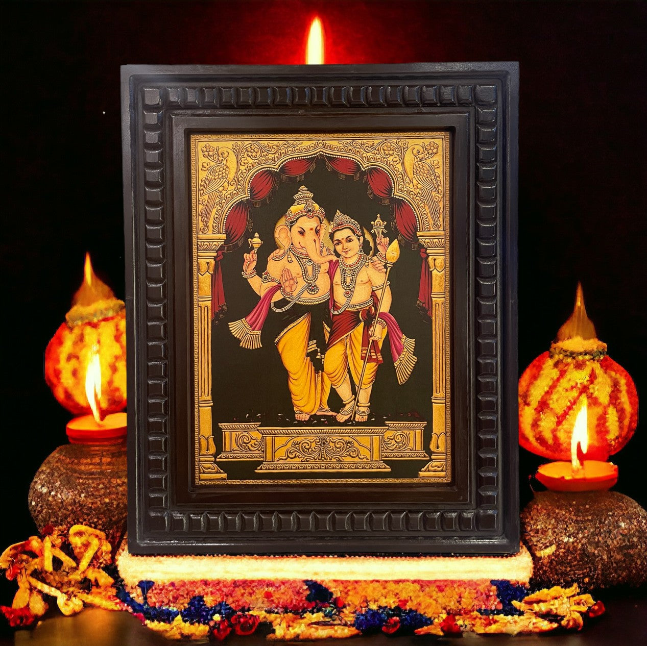 Gold Leafed Art Ganesha Kartikeya With Wooden Frame