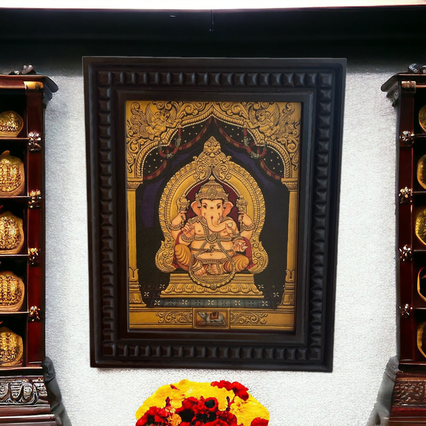 Shree Ganesha Gold Leafed Art With Wooden Frame