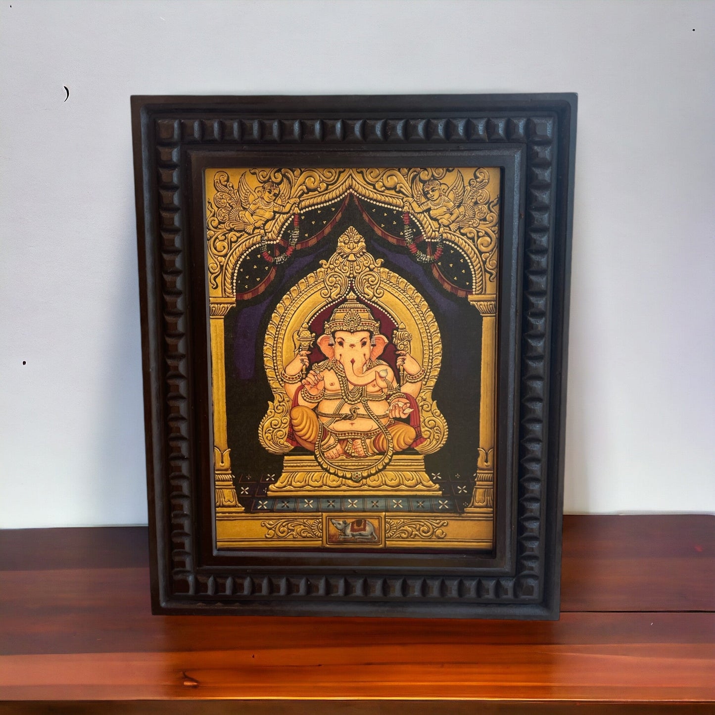 Shree Ganesha Gold Leafed Art With Wooden Frame