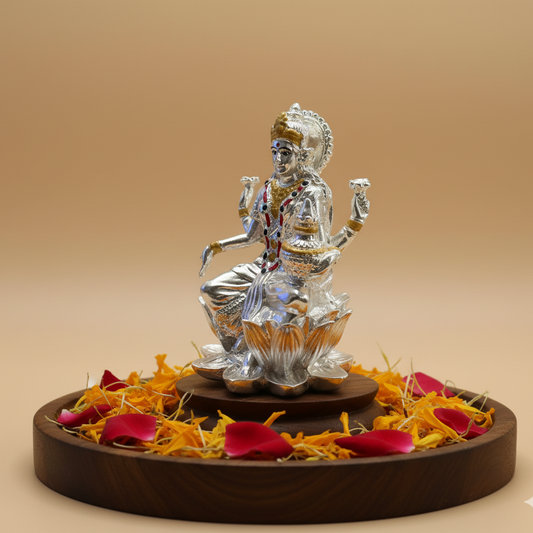 Silver Lakshmi Idol Seated on a Lotus