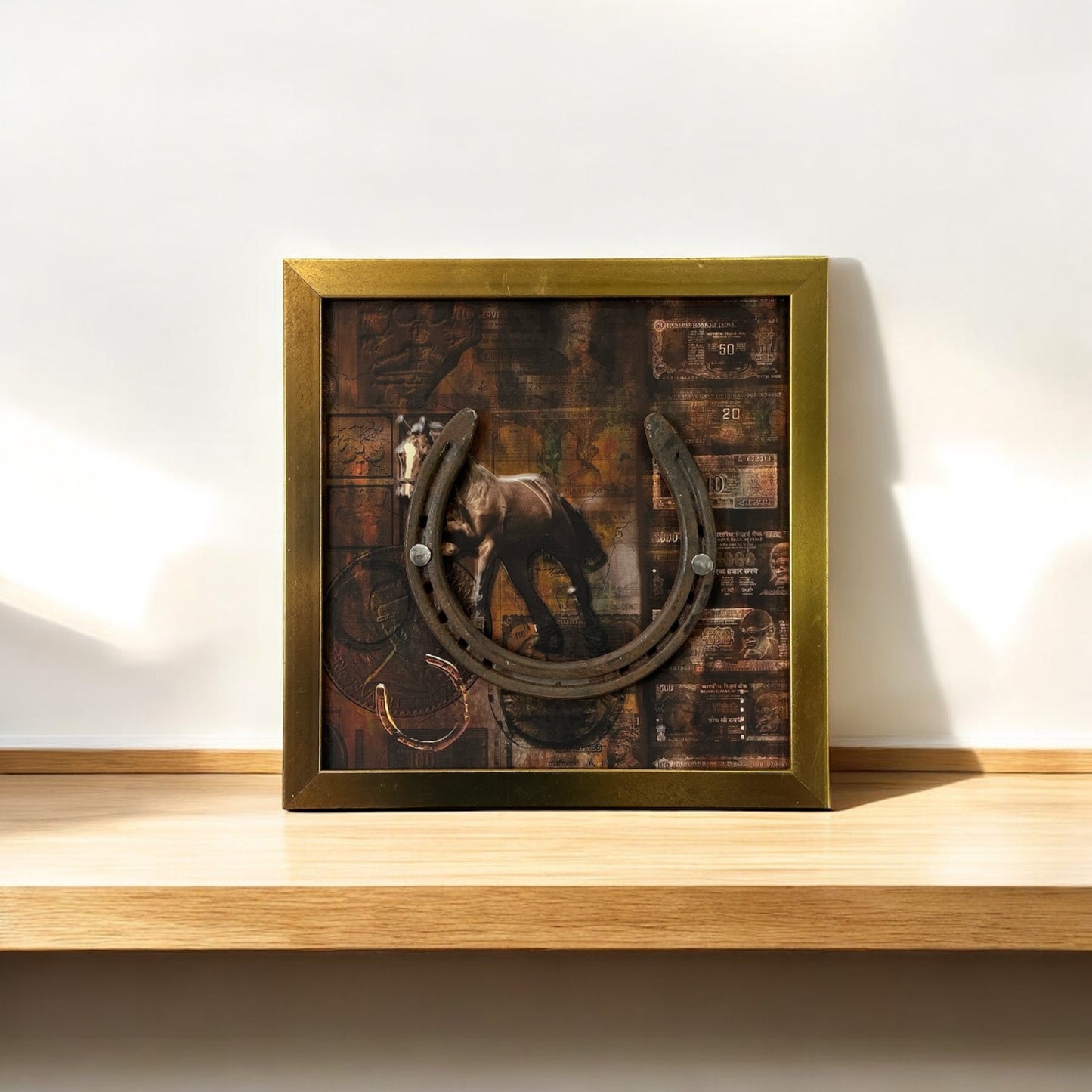 Antique Horse Shoe with Rustic Artwork on Canvas backdrop