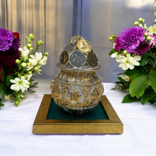 Kuber Kalash with World currency Silver & Gold plated with Free Base