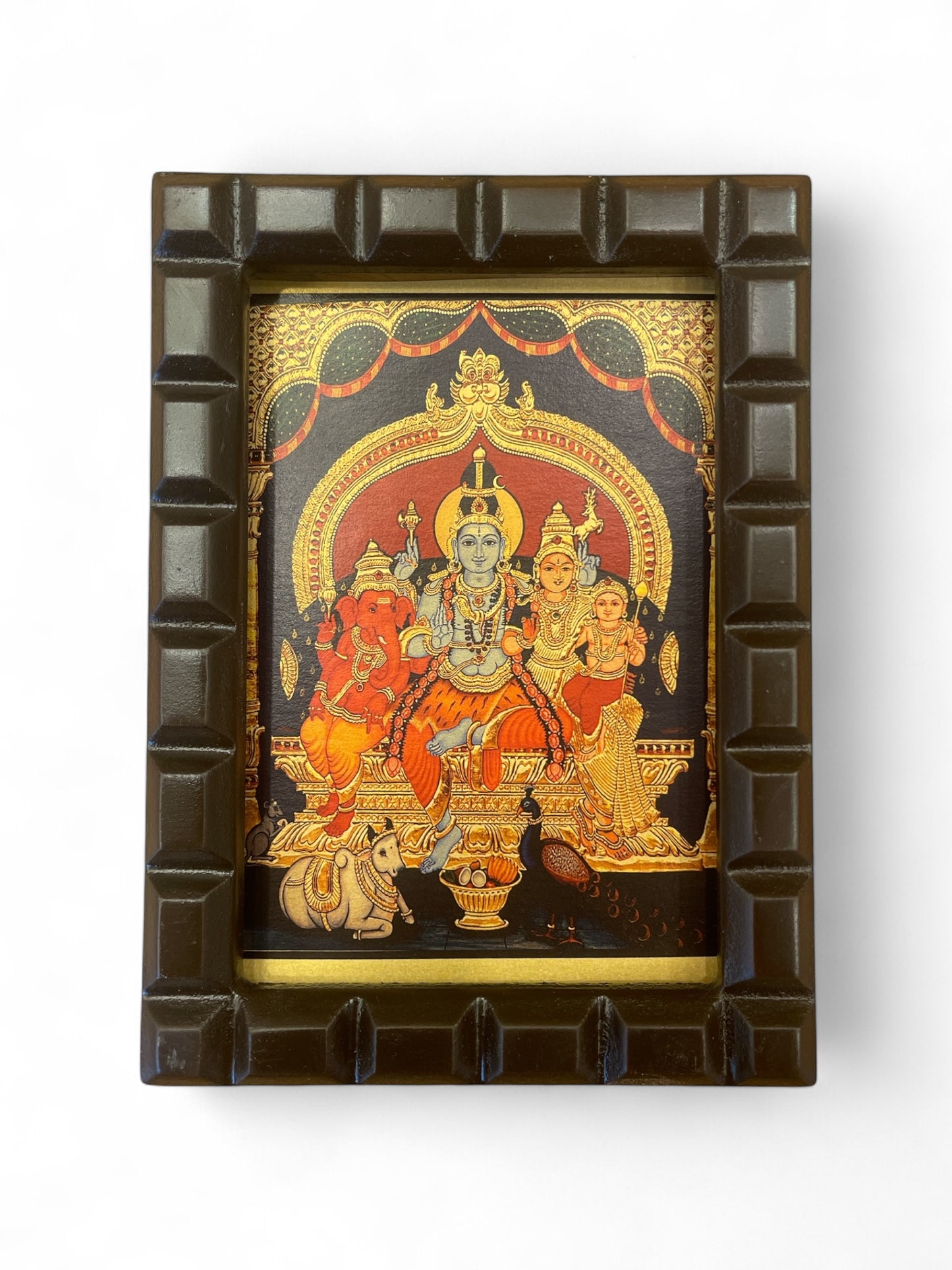 Shiva Parivar with blue Shiva Gold foiled art in wooden frame