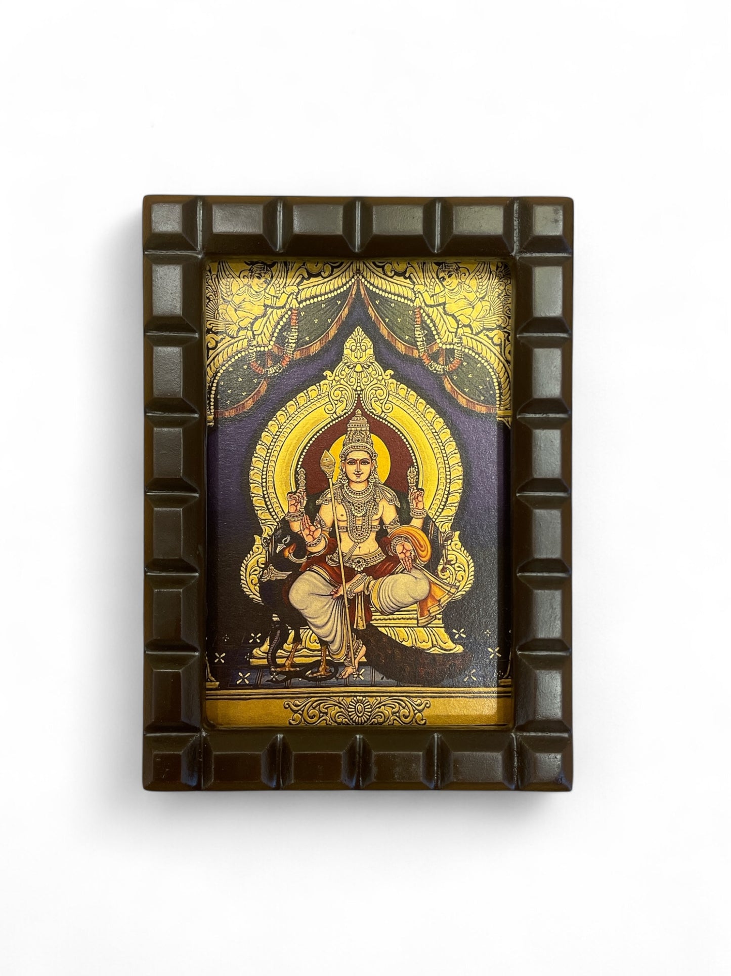 Gold Leafed Art Karthikeya With His Vahan Peacock With Wooden Frame
