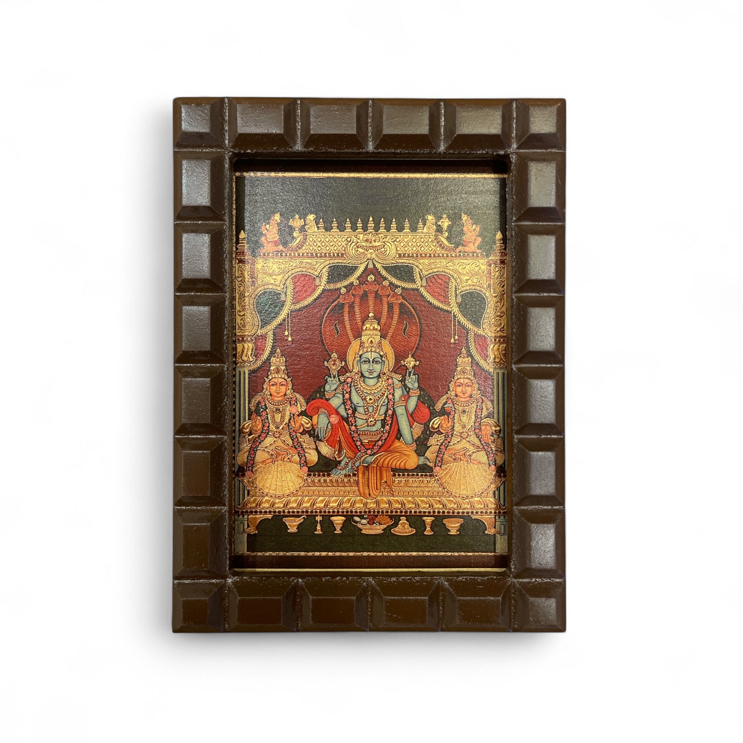 Vishnu: Gold Leafed Art Mahavishnu with Bhudevi & Shreedevi With Wooden Frame