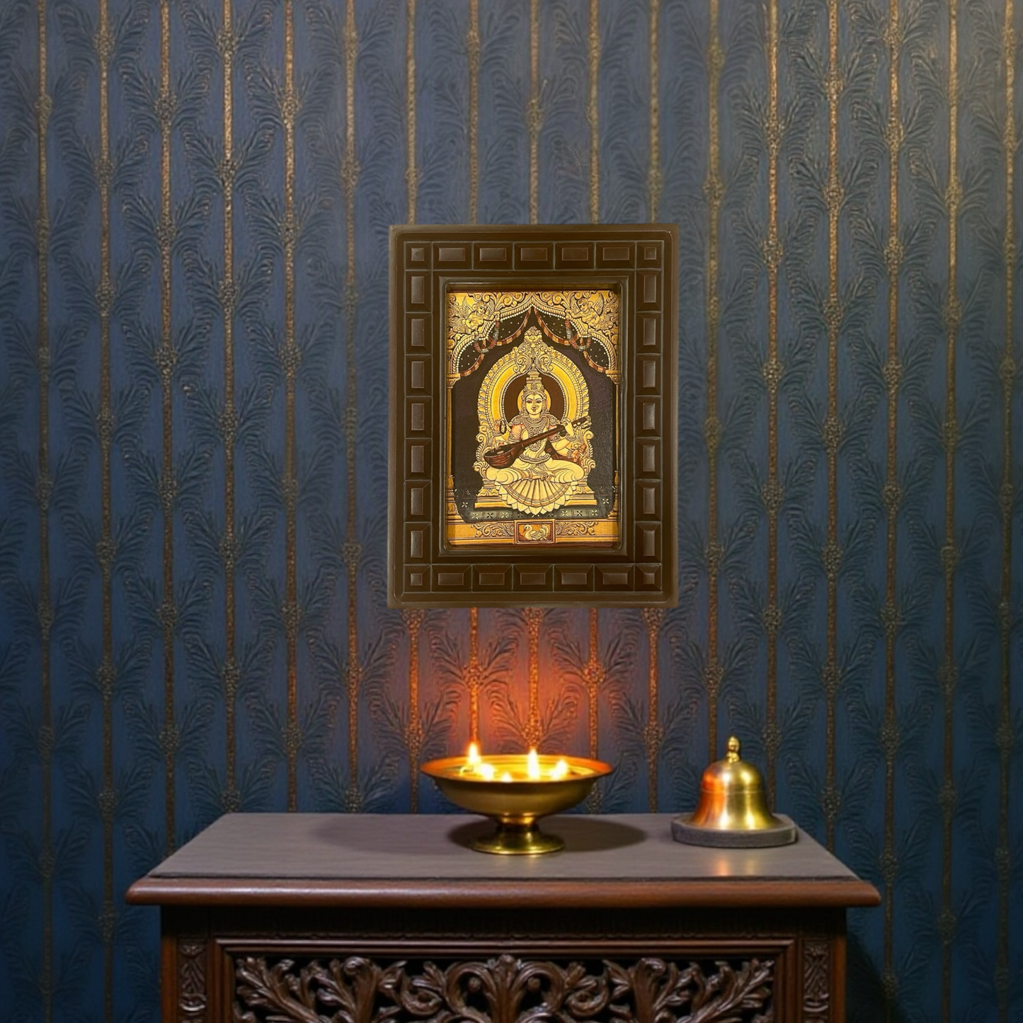 Goddess Saraswati Gold Leafed Art With Wooden Frame