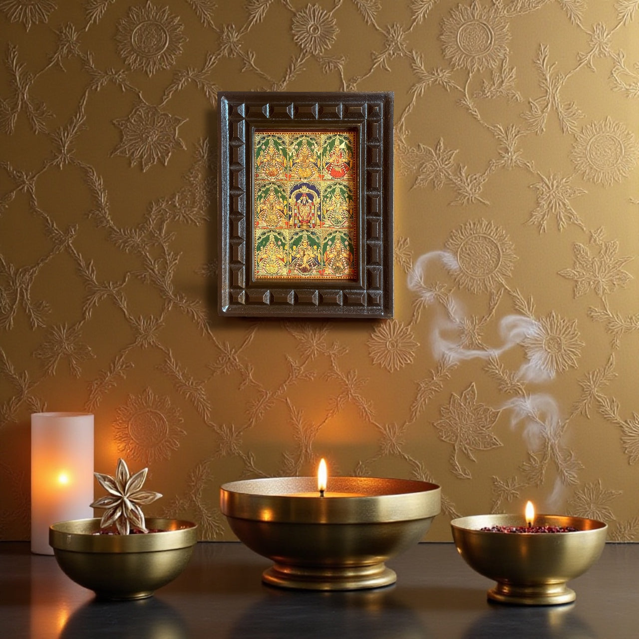 Astalakshmi -3 Gold Leafed Art With Wooden Frame