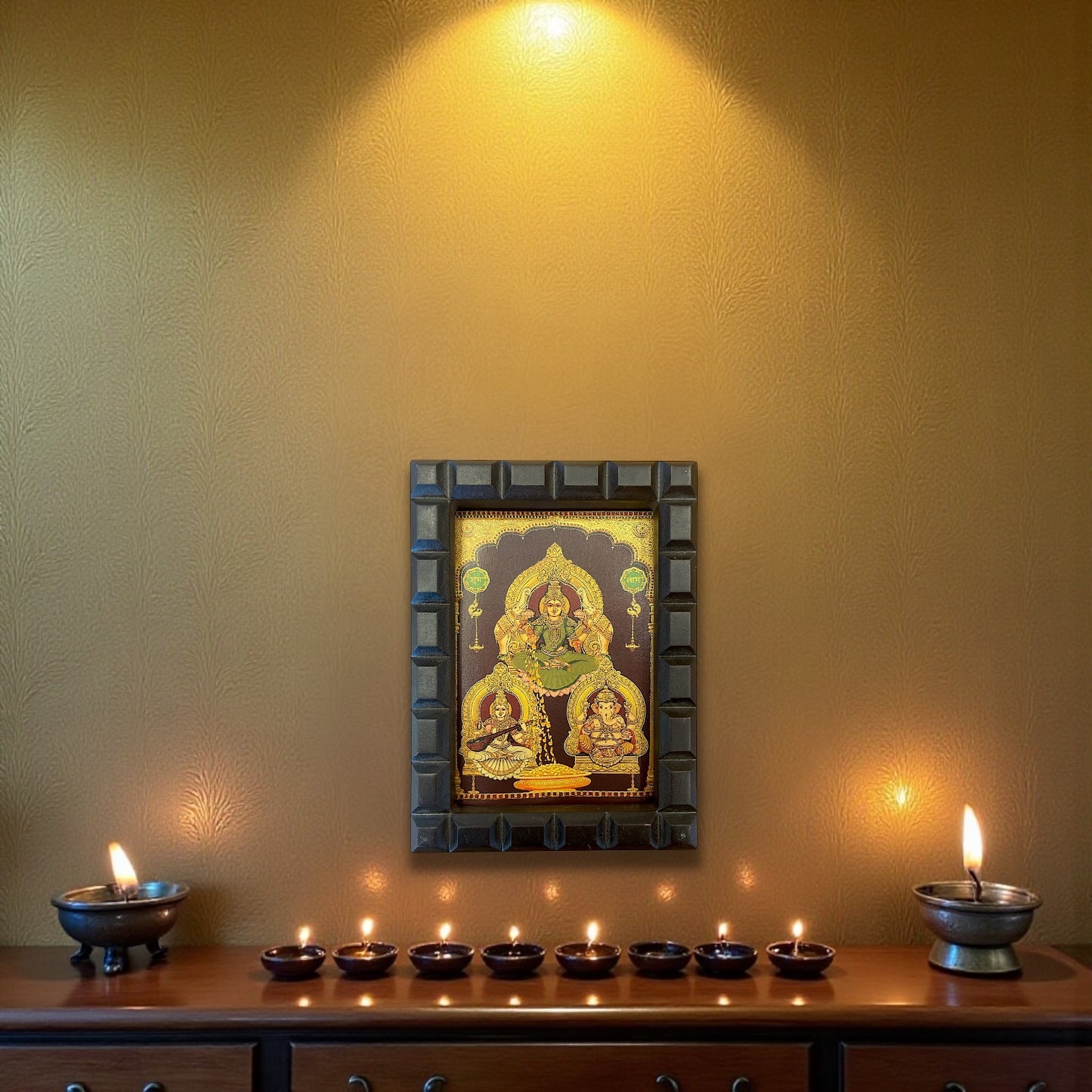 Lakshmi Ganesha Saraswati Gold foiled art in wooden frame