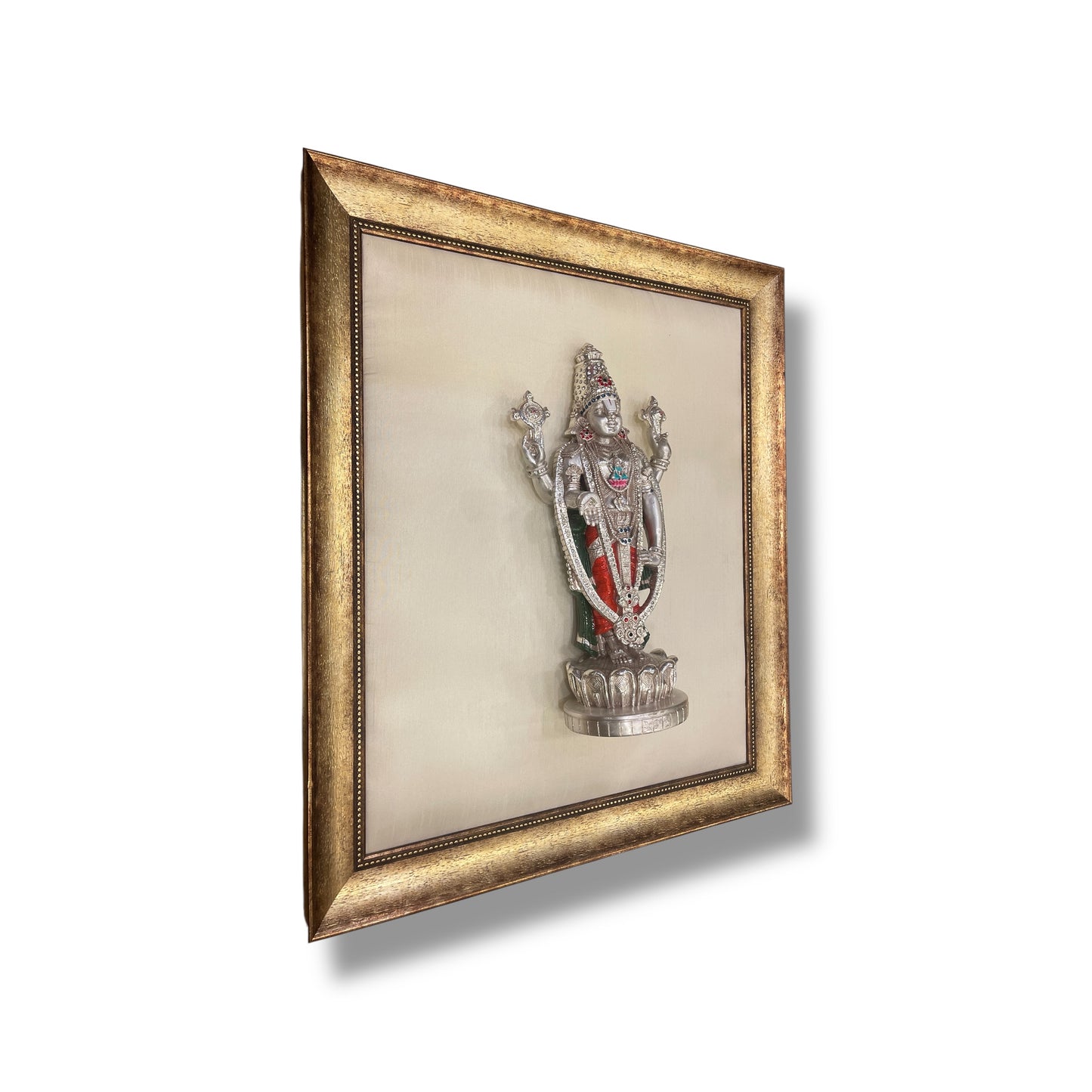Tirupati Silver on White Silk Backdrop in Antique Gold Moulded Frame