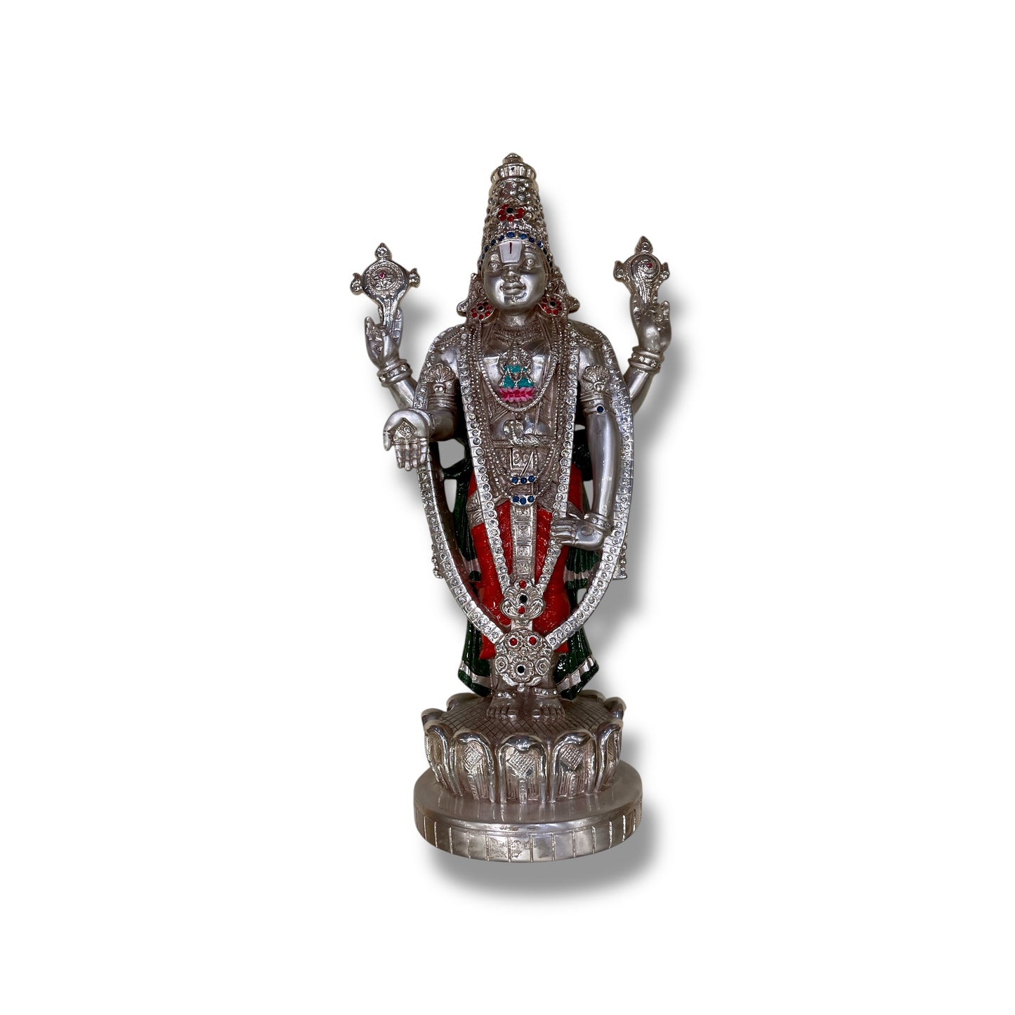 Tirupati Silver on White Silk Backdrop in Antique Gold Moulded Frame