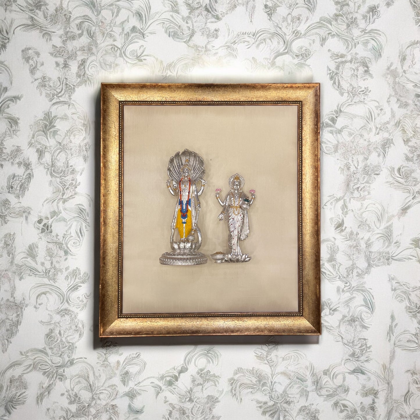 Vishnu Laxmi Silk Backdrop in Antique Gold Frame