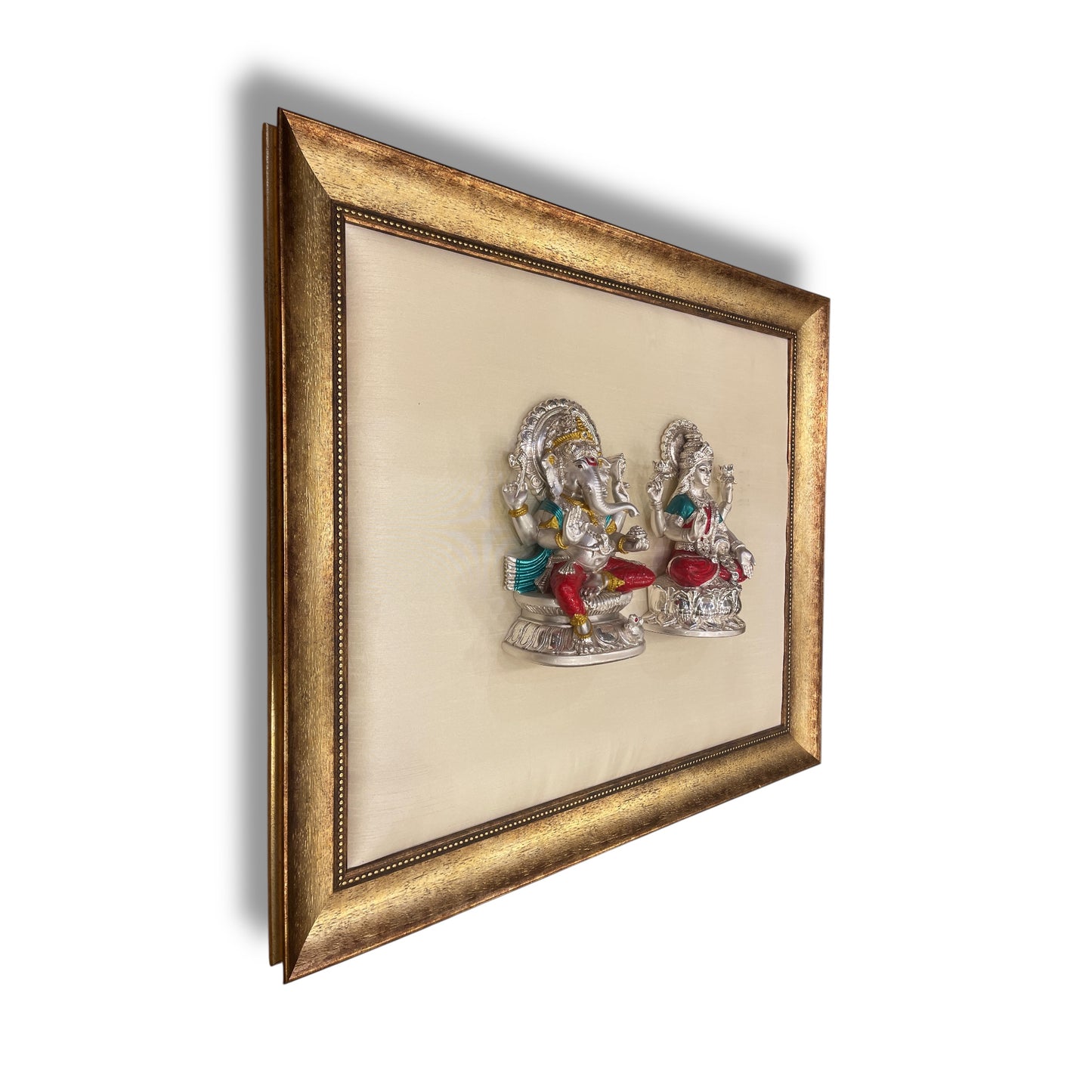 Ganesh Laxmi Silver on White Silk Backdrop in Antique Gold Moulded Frame