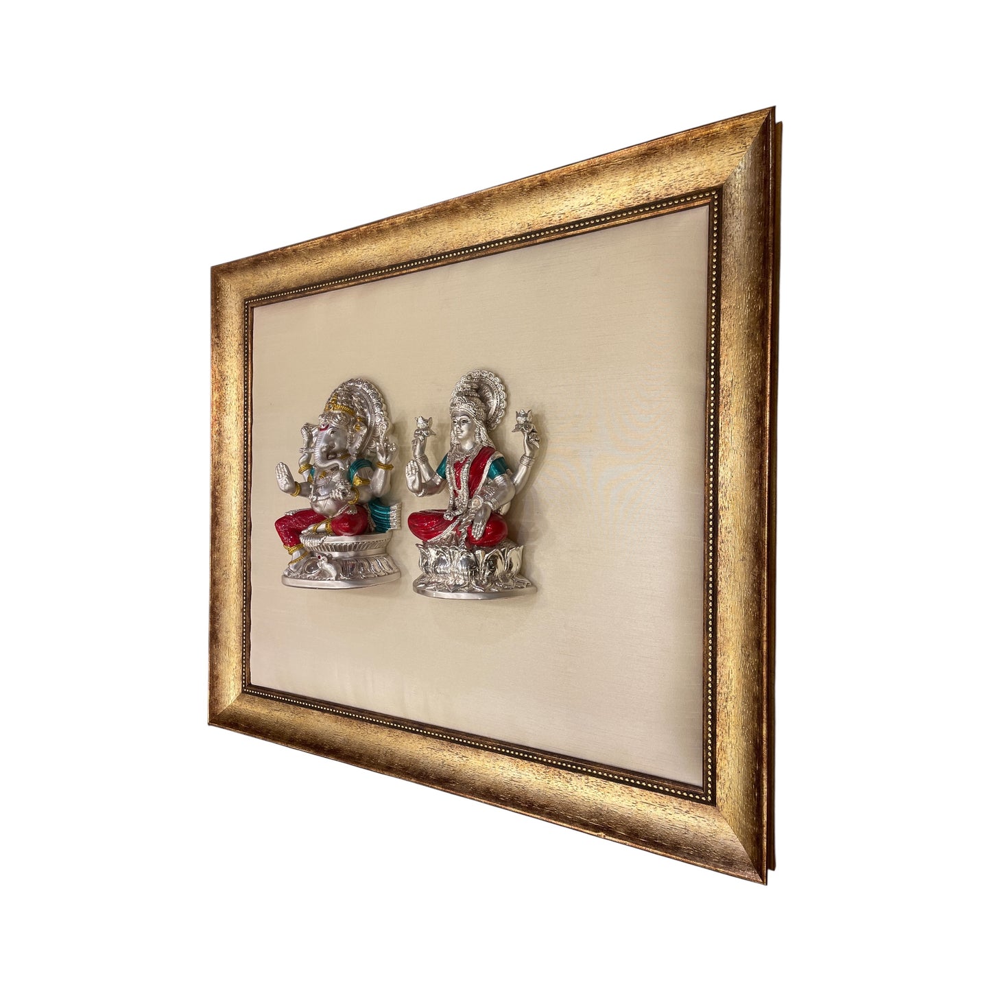 Ganesh Laxmi Silver on White Silk Backdrop in Antique Gold Moulded Frame