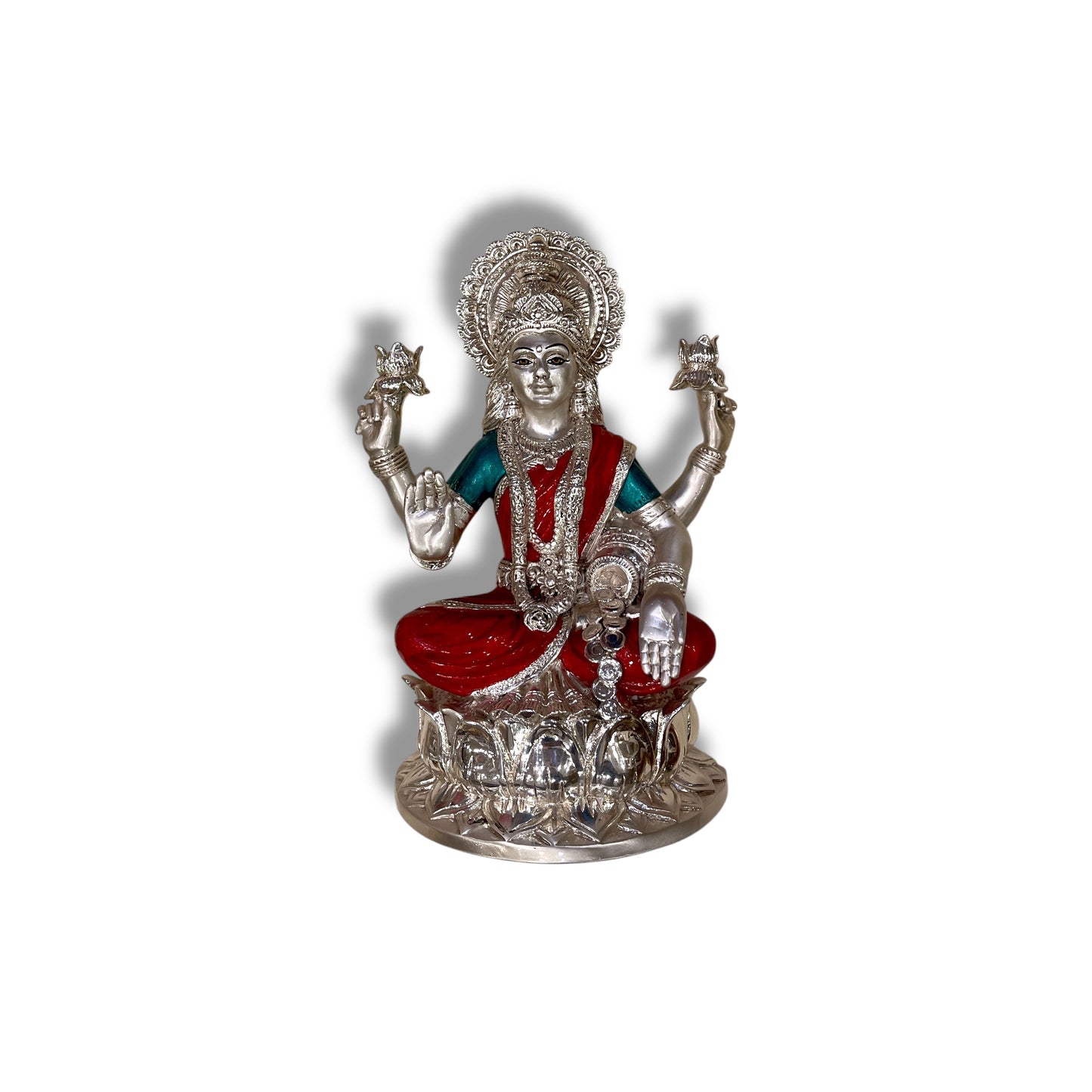 Ganesh Laxmi Silver on White Silk Backdrop in Antique Gold Moulded Frame