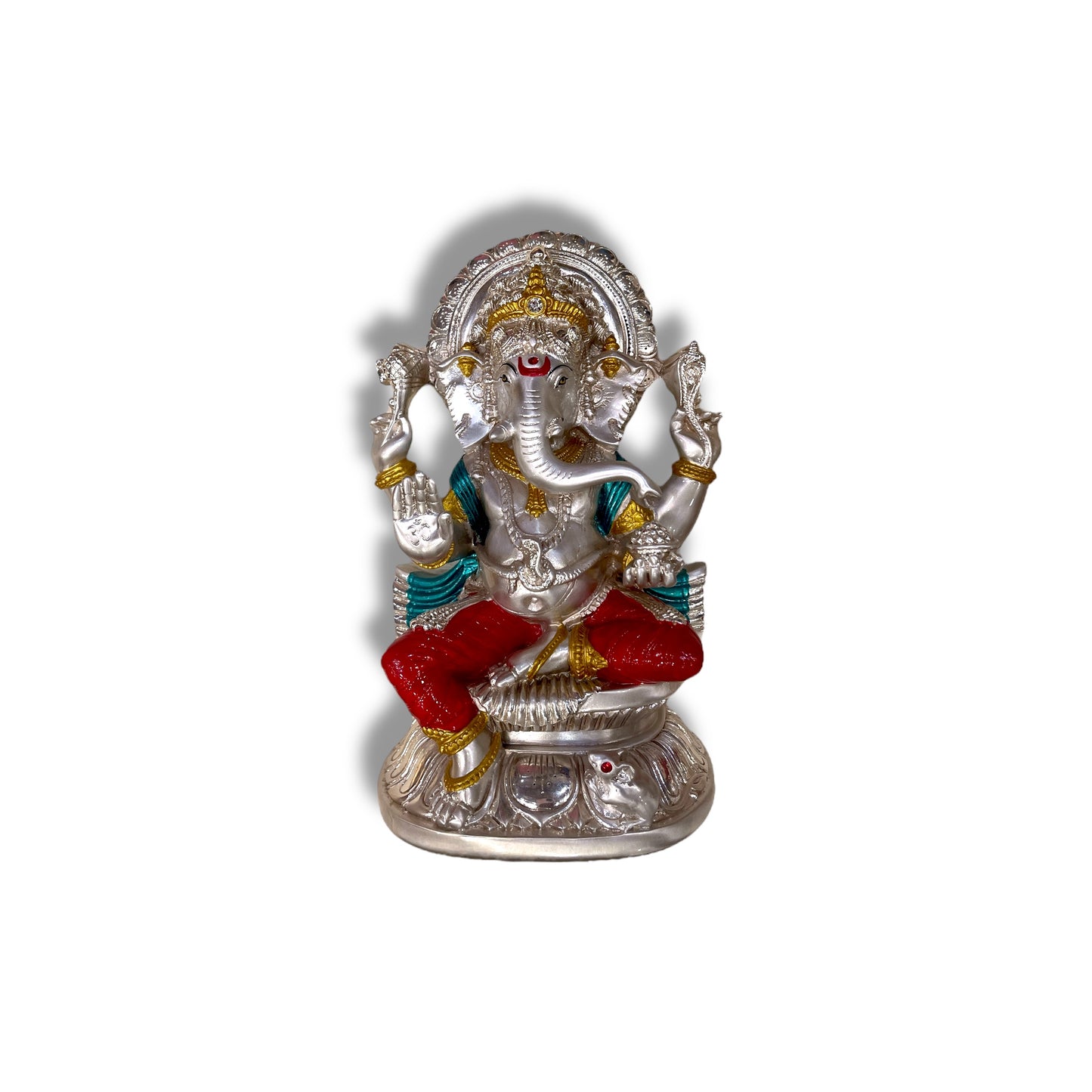 Ganesh Laxmi Silver on White Silk Backdrop in Antique Gold Moulded Frame