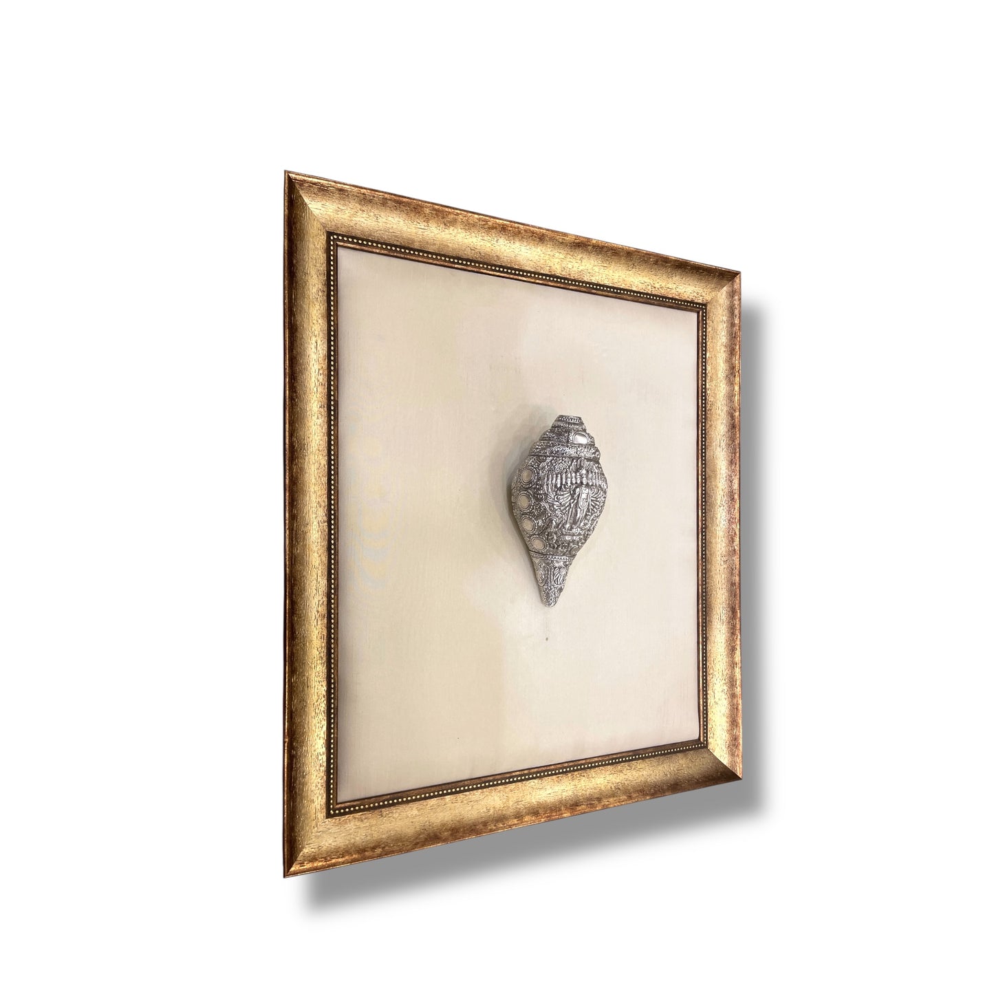 Vishnu Shank Silver White Silk in Antique Gold Moulded Frame