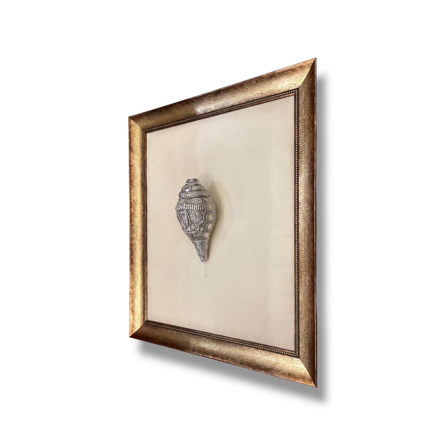 Vishnu Shank Silver White Silk in Antique Gold Moulded Frame