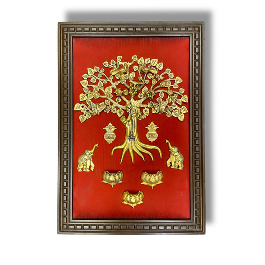 Brass Kalpavriksha with Kamadhenu & Lotus – Sacred Wall Art on Red Backdrop