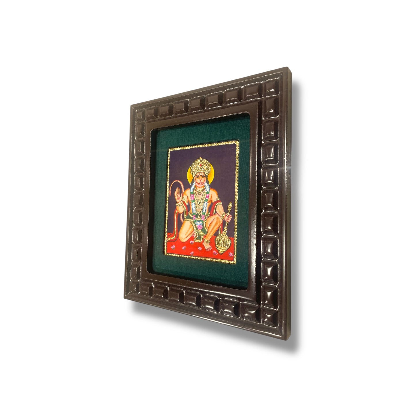 Hand-Painted Hanuman Tanjore Painting – Blessing Pose | Wooden Frame with Silk Mount (Green, Orange, Blue, Red)