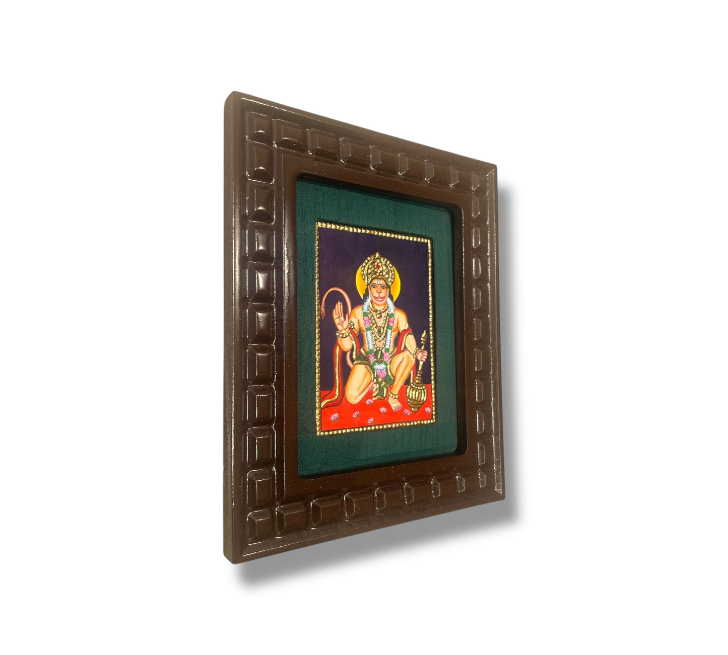 Hand-Painted Hanuman Tanjore Painting – Blessing Pose | Wooden Frame with Silk Mount (Green, Orange, Blue, Red)