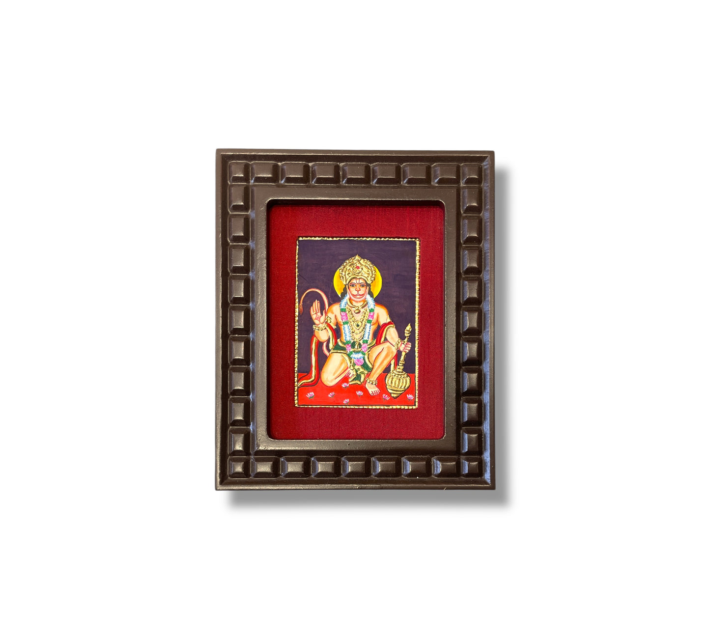Hand-Painted Hanuman Tanjore Painting – Blessing Pose | Wooden Frame with Silk Mount (Green, Orange, Blue, Red)