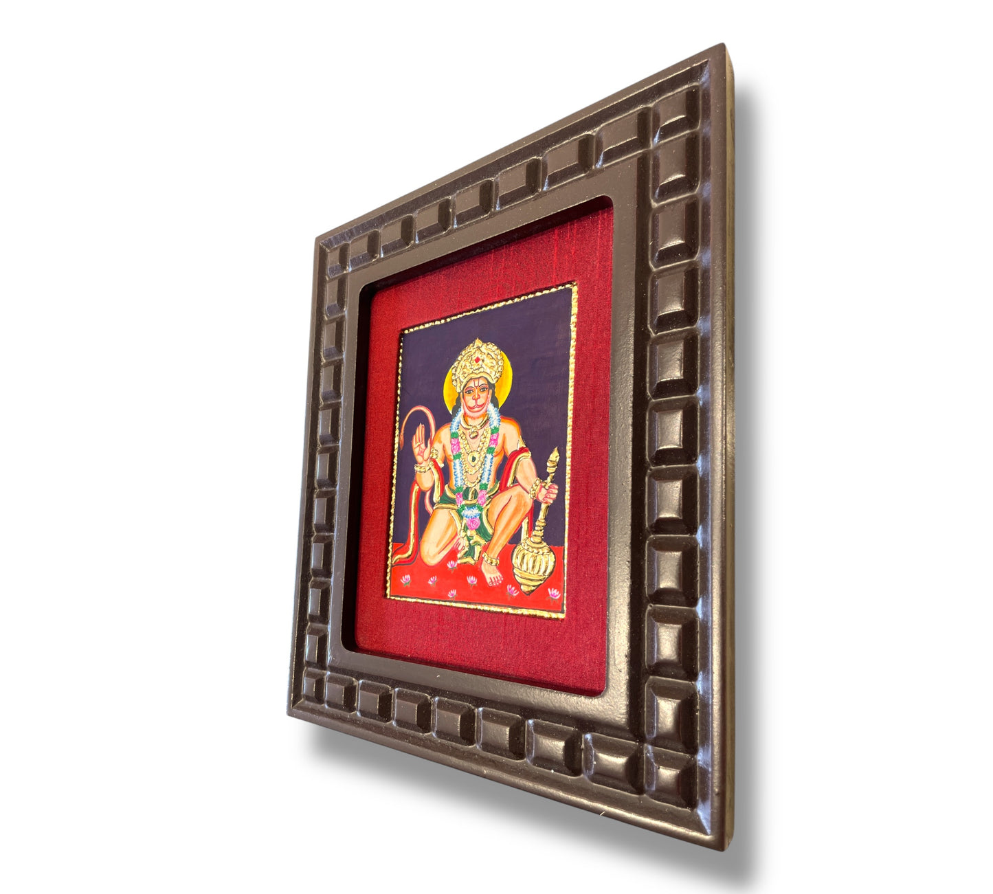 Hand-Painted Hanuman Tanjore Painting – Blessing Pose | Wooden Frame with Silk Mount (Green, Orange, Blue, Red)