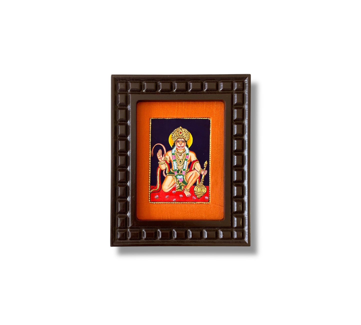 Hand-Painted Hanuman Tanjore Painting – Blessing Pose | Wooden Frame with Silk Mount (Green, Orange, Blue, Red)