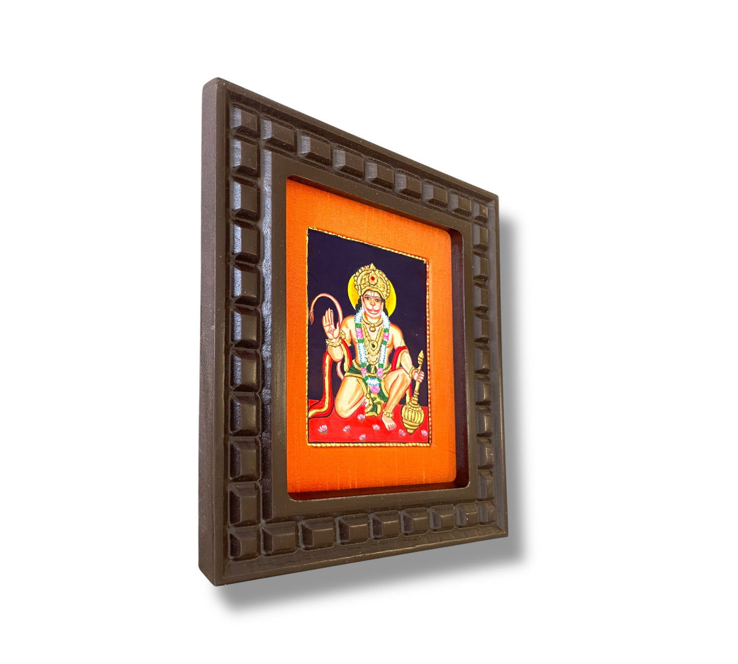 Hand-Painted Hanuman Tanjore Painting – Blessing Pose | Wooden Frame with Silk Mount (Green, Orange, Blue, Red)