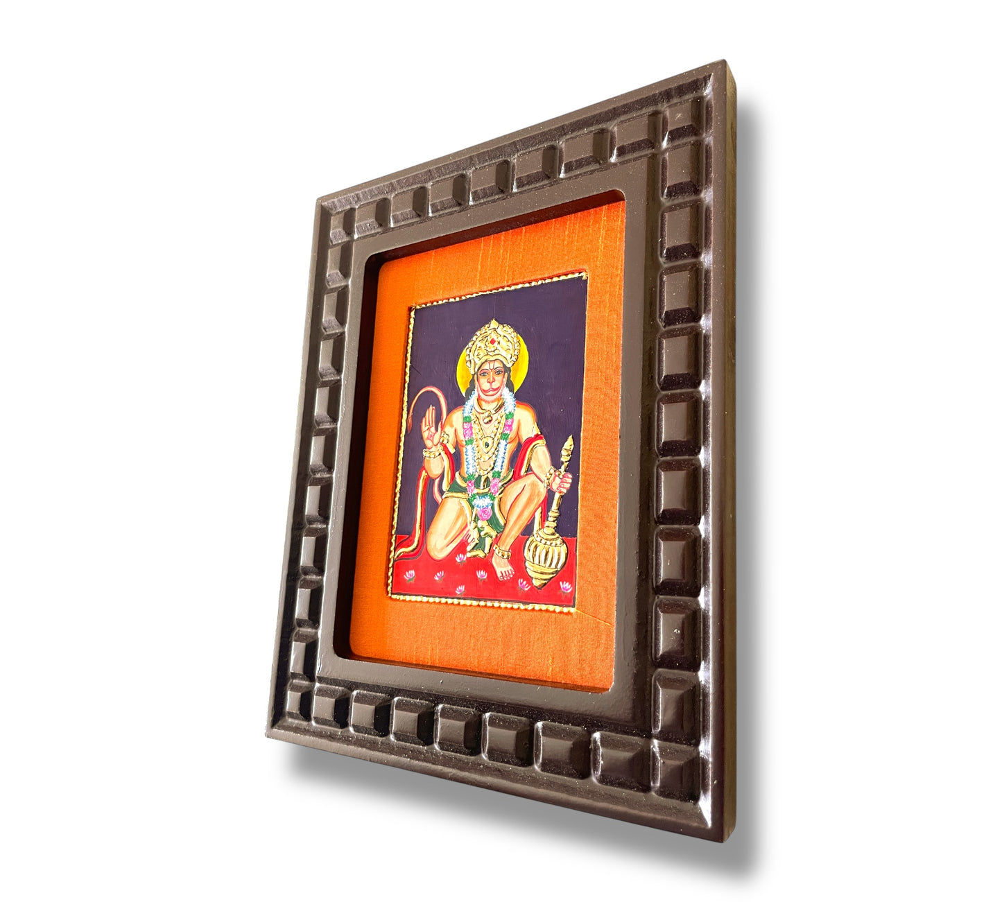 Hand-Painted Hanuman Tanjore Painting – Blessing Pose | Wooden Frame with Silk Mount (Green, Orange, Blue, Red)