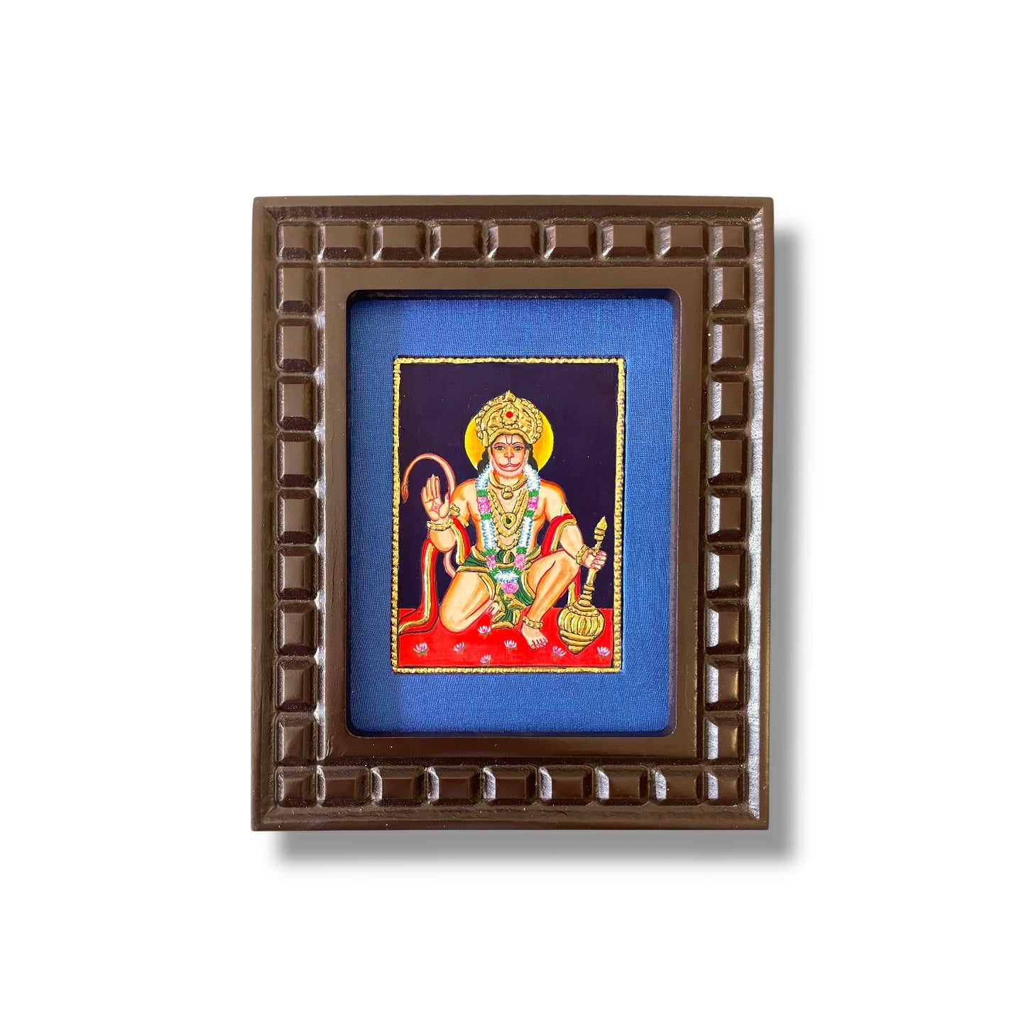 Hand-Painted Hanuman Tanjore Painting – Blessing Pose | Wooden Frame with Silk Mount (Green, Orange, Blue, Red)