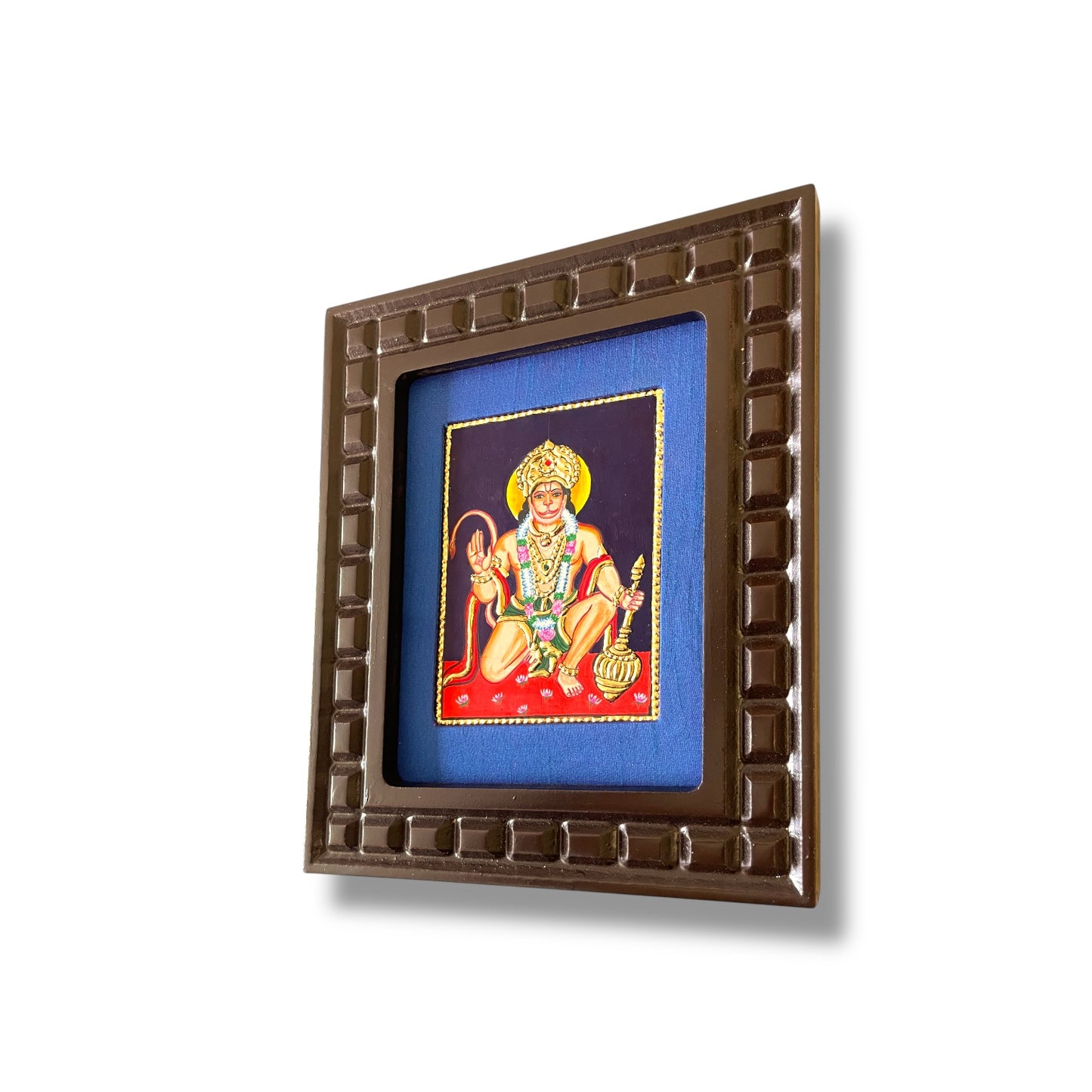 Hand-Painted Hanuman Tanjore Painting – Blessing Pose | Wooden Frame with Silk Mount (Green, Orange, Blue, Red)