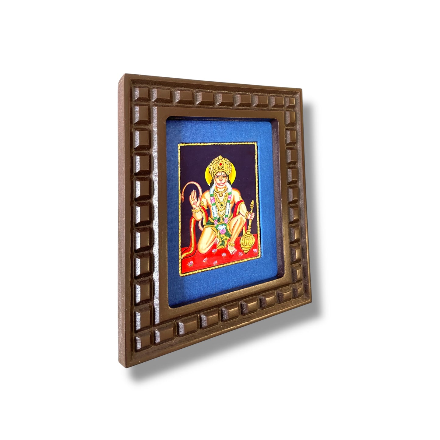 Hand-Painted Hanuman Tanjore Painting – Blessing Pose | Wooden Frame with Silk Mount (Green, Orange, Blue, Red)