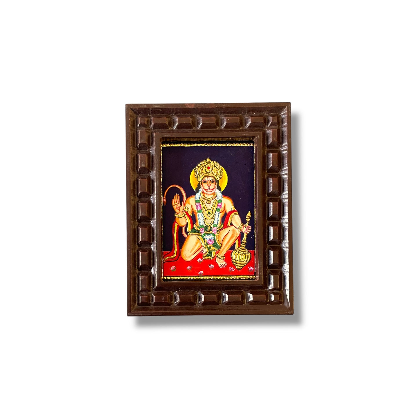 Hand-Painted Hanuman Tanjore Painting – Blessing Pose | Wooden Frame with Silk Mount (Green, Orange, Blue, Red)