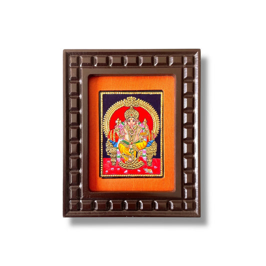 Hand-Painted Lord Ganesha Tanjore Painting – Seated on Throne | Wooden Frame with Silk Mount (Green, Orange, Blue, Red, White)