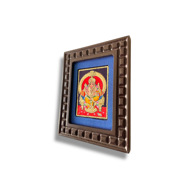 Hand-Painted Lord Ganesha Tanjore Painting – Seated on Throne | Wooden Frame with Silk Mount (Green, Orange, Blue, Red, White)