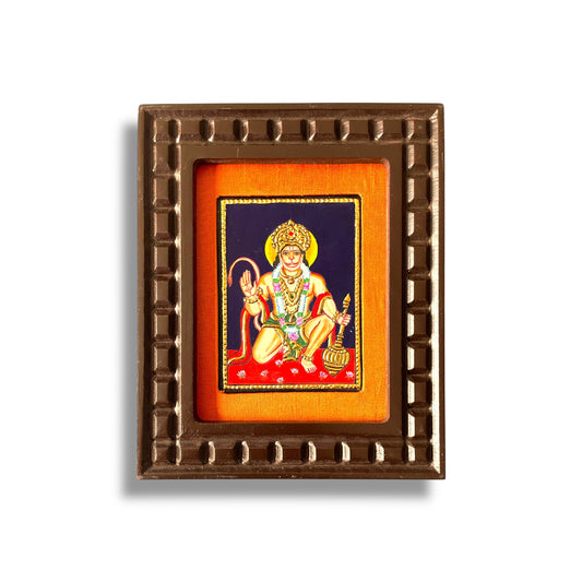 Hand-Painted Hanuman Tanjore Painting – Blessing Pose | Wooden Frame with Silk Mount (Green, Orange, Blue, Red)
