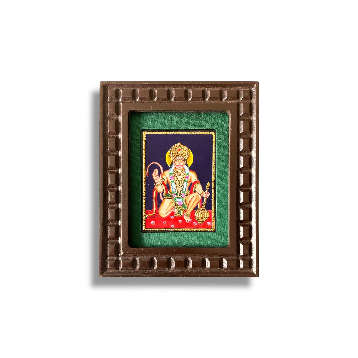 Hand-Painted Hanuman Tanjore Painting – Blessing Pose | Wooden Frame with Silk Mount (Green, Orange, Blue, Red)