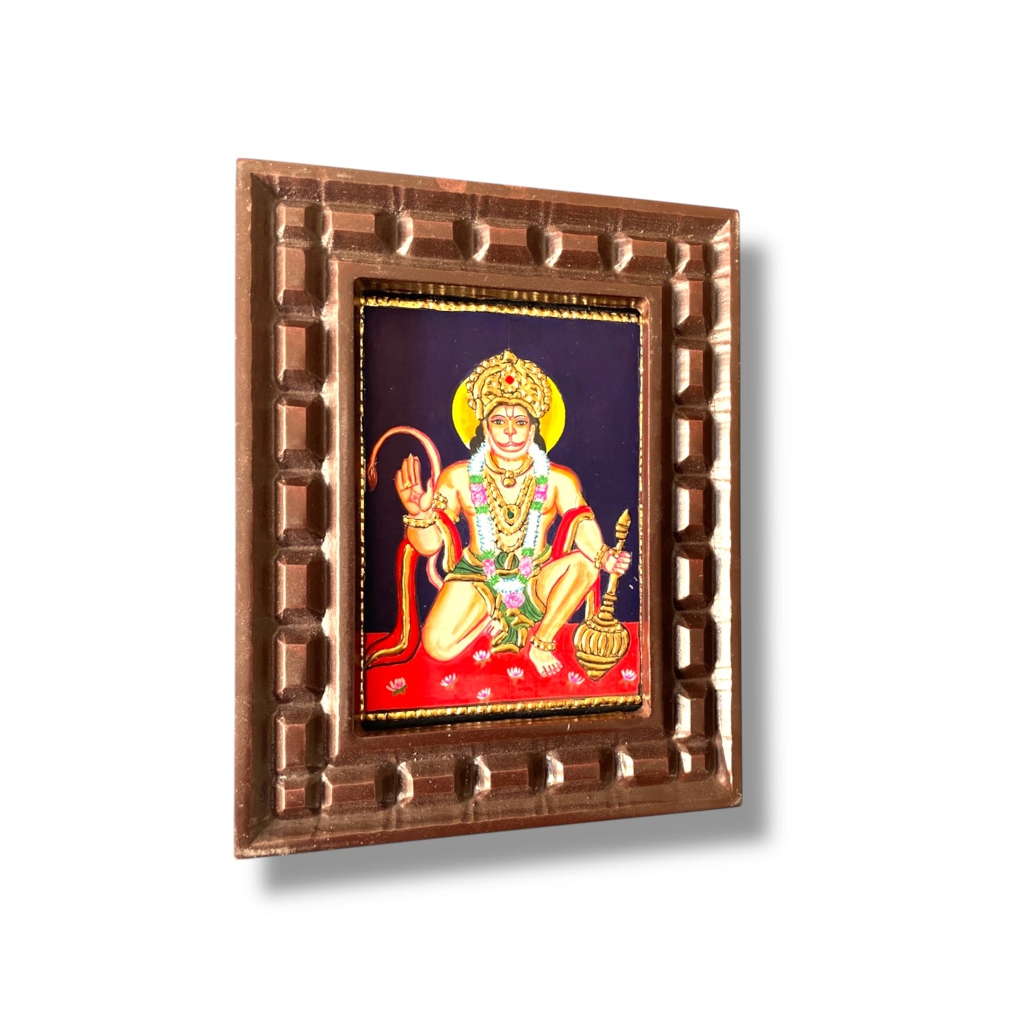 Hand-Painted Tanjore Painting of Lord Hanuman in Blessing Pose with Wooden Frame