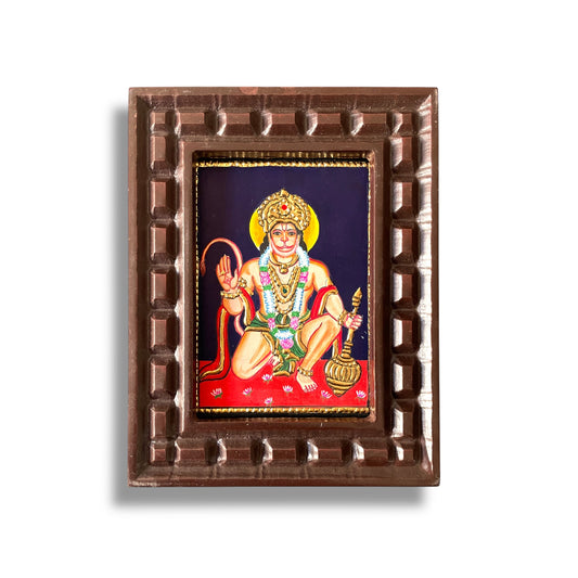 Hand-Painted Tanjore Painting of Lord Hanuman in Blessing Pose with Wooden Frame